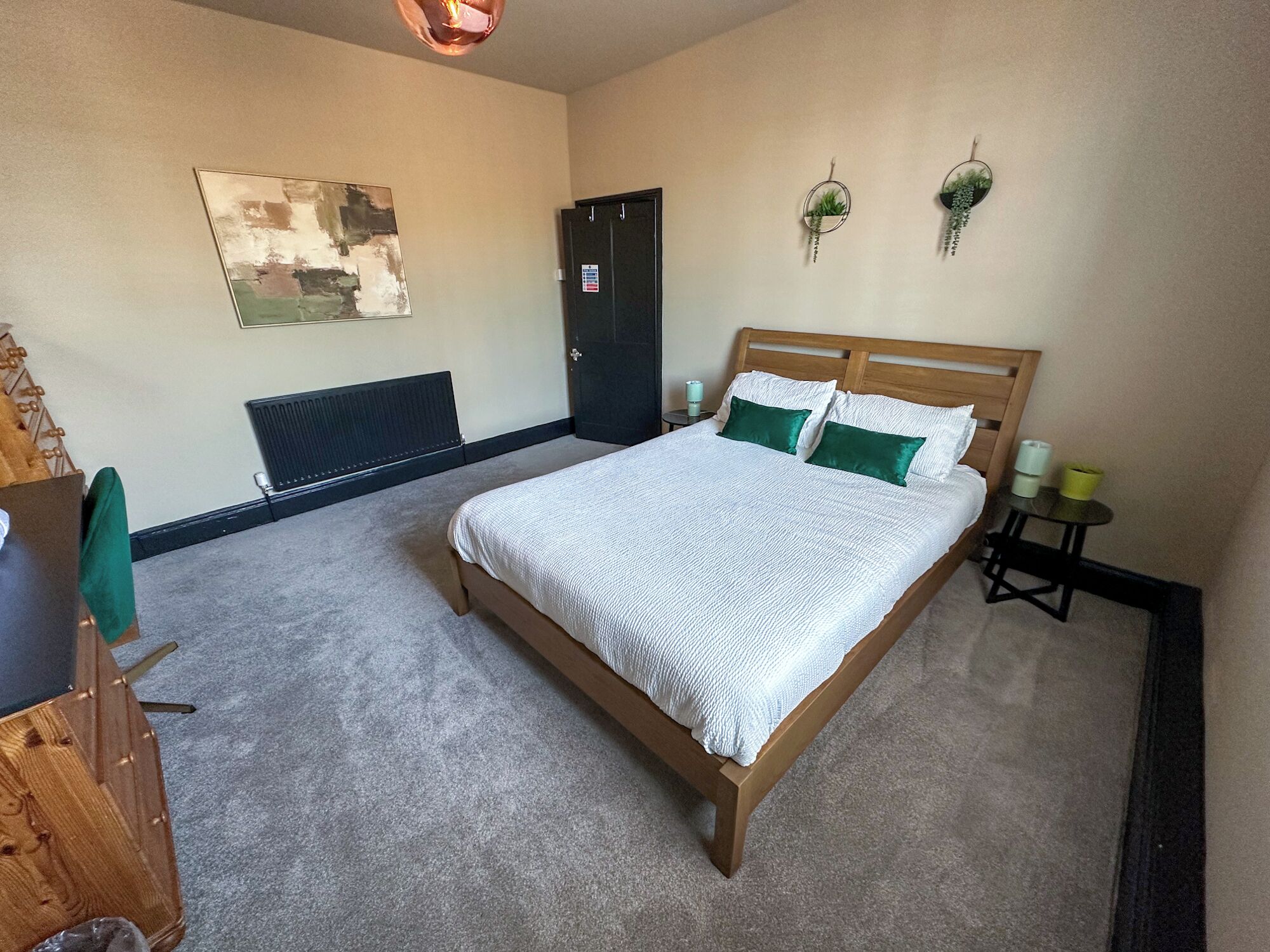 Habitación de hotel con una cama, un radiador, una puerta y una planta fijada a la pared.