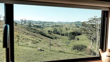 A view through a window of a rural landscape with rolling hills, trees, and a clear sky.