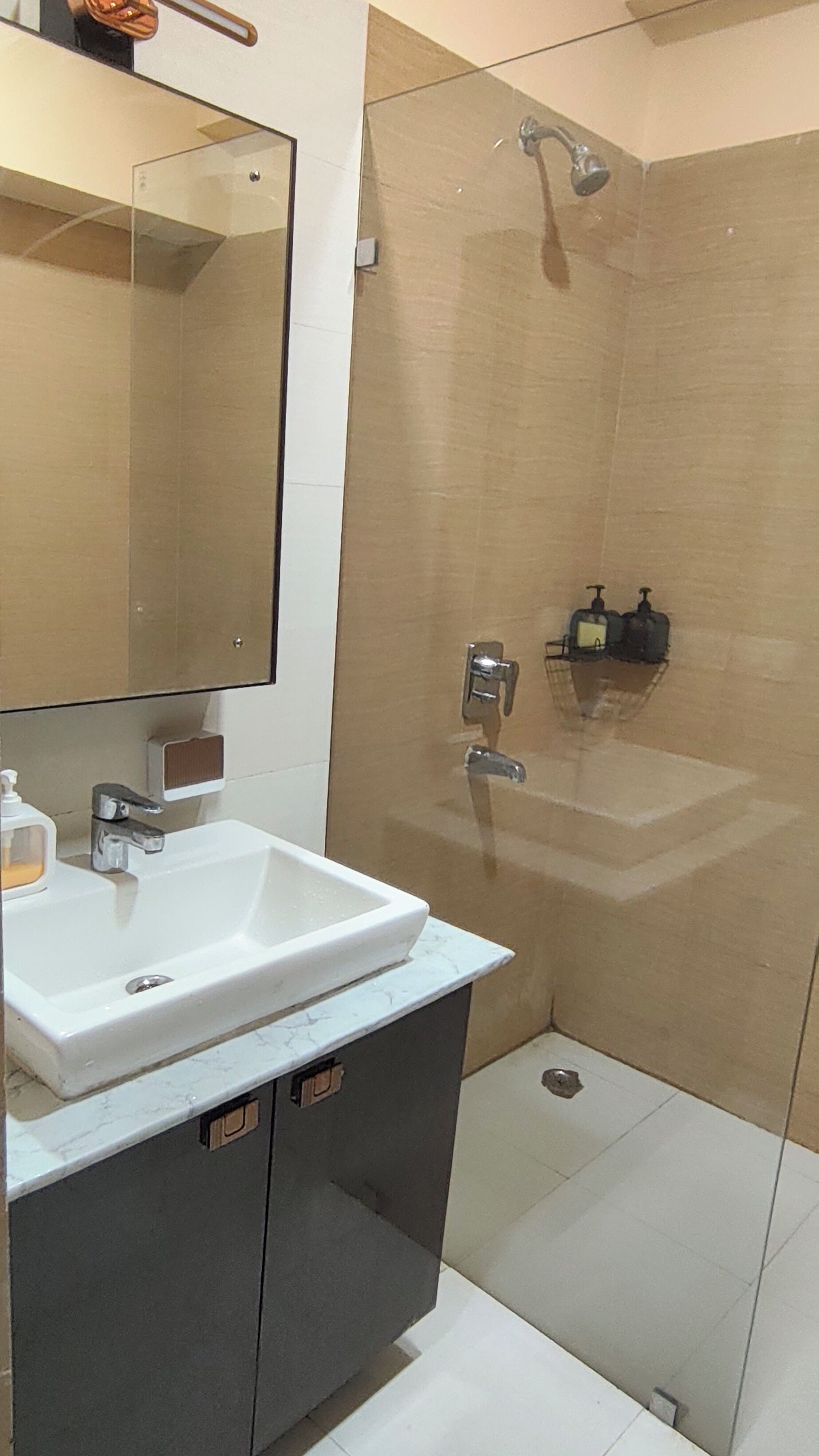 A bathroom with a white sink, a mirror, a shower, and a soap dispenser.
