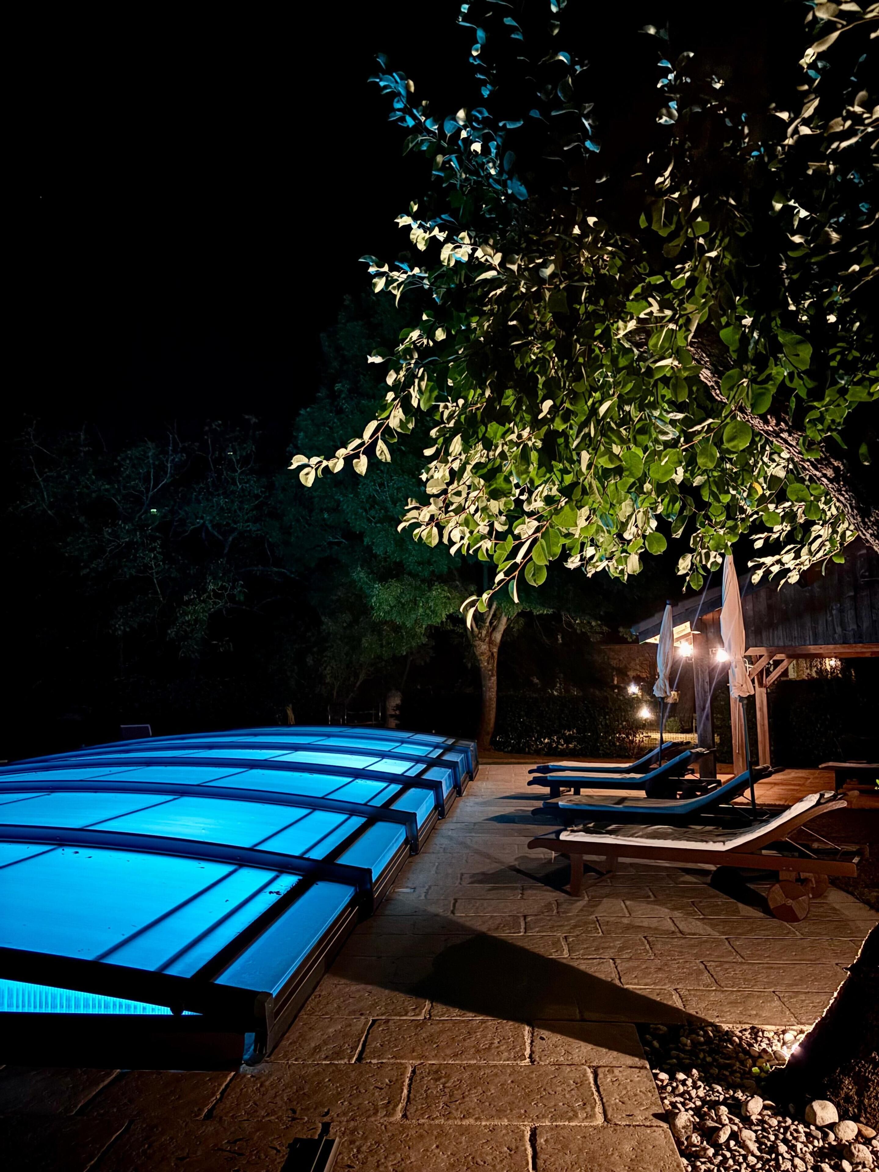 An outdoor swimming pool area with a blue-lit pool, lounge chairs, and a pergola with umbrellas.