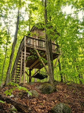 A wooden treehouse with a staircase, surrounded by dense forest. - Off-Grid Treehouse! White Mountain National Forest (Stoneham)