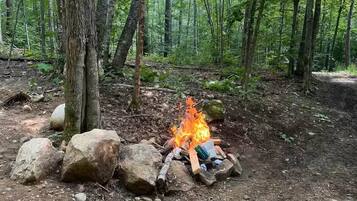 Un feu de camp dans une forêt, avec des arbres et des rochers.