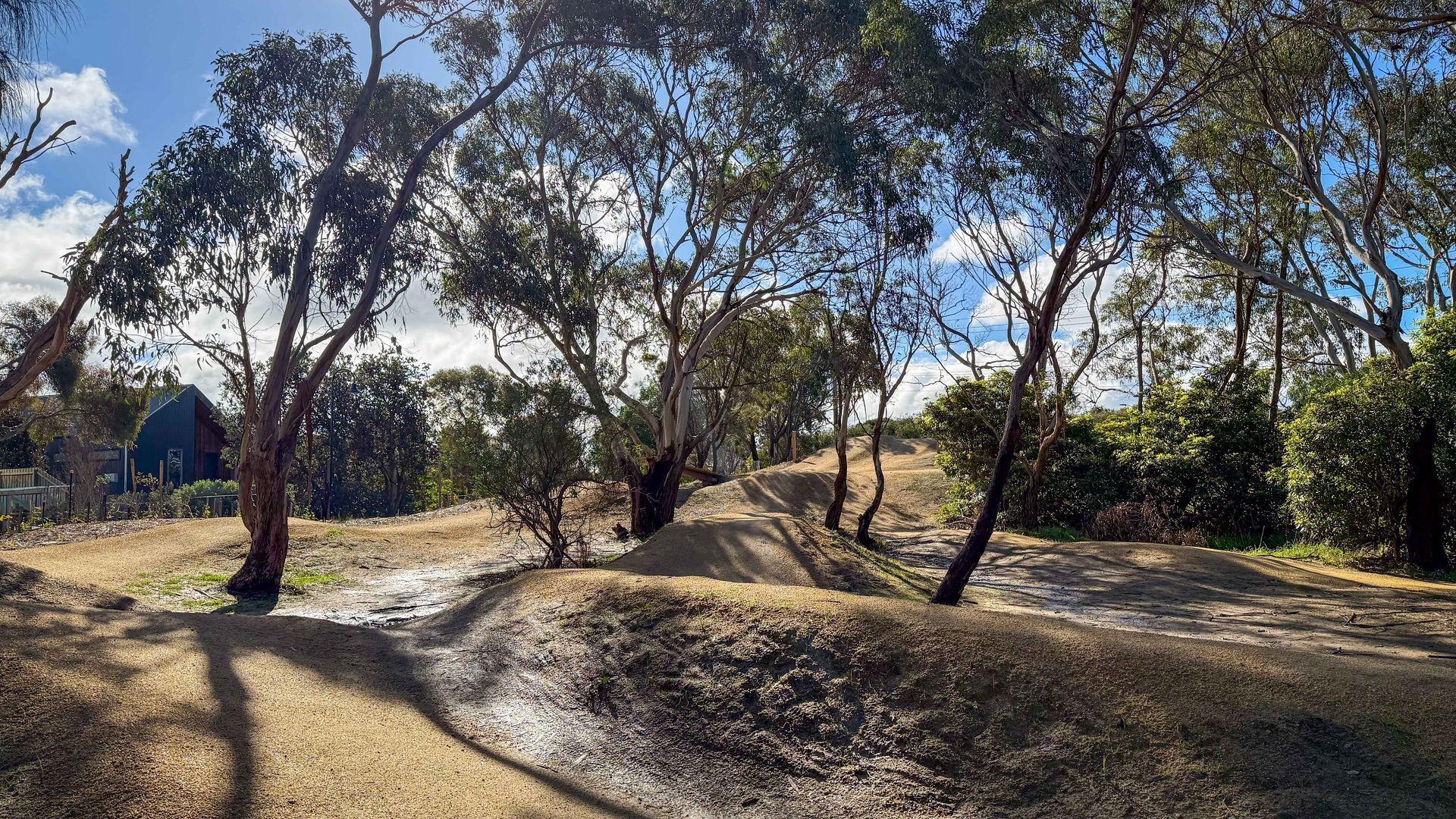 A dirt path surrounded by trees and a building with a sloped roof.