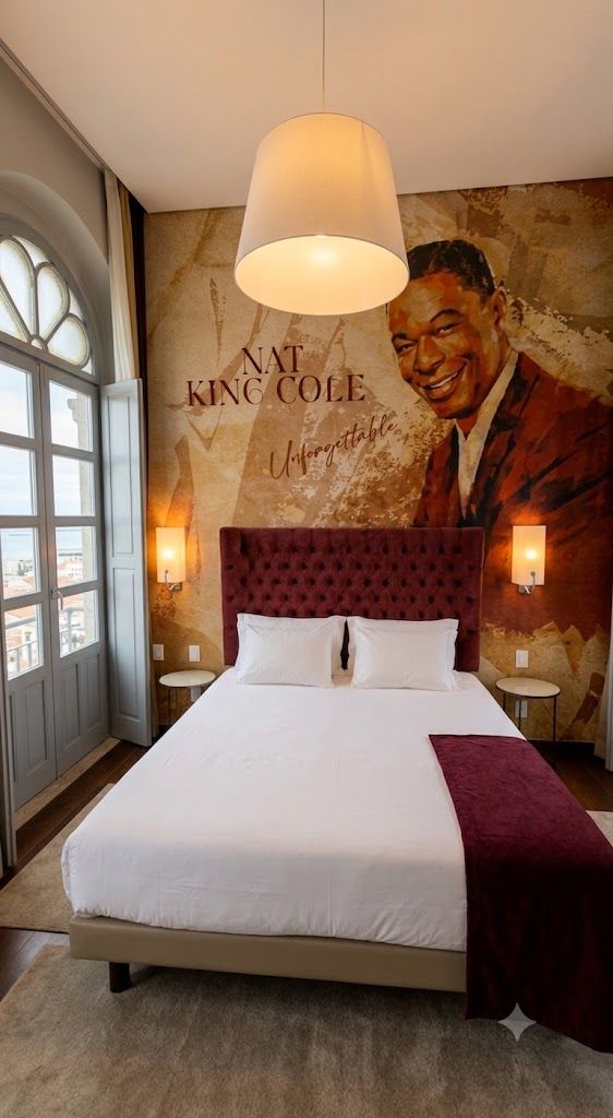 Ein Kingsize-Bett mit einem gepolsterten Kopfteil, ein großes Fenster und eine Wandmalerei.