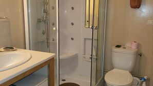 Een badkamer met een douche in een glazen cabine, toilet en wastafel.