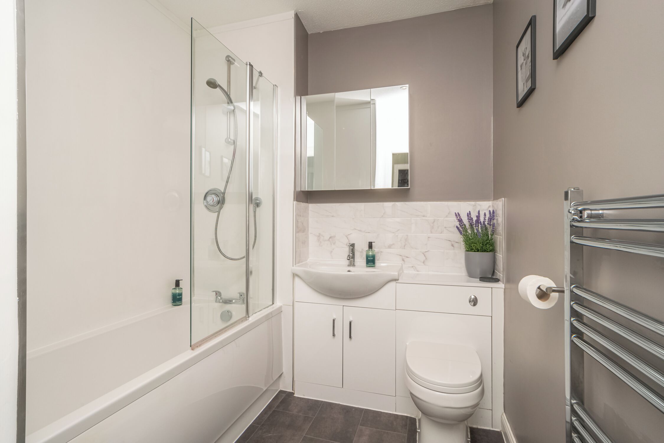 A modern bathroom with a glass shower enclosure, a white sink, a toilet, and a mirror above the sink.