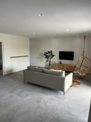 Ein modernes Wohnzimmer mit Sofa, Hängesessel, Flachbildfernseher und einer Zimmerpflanze.