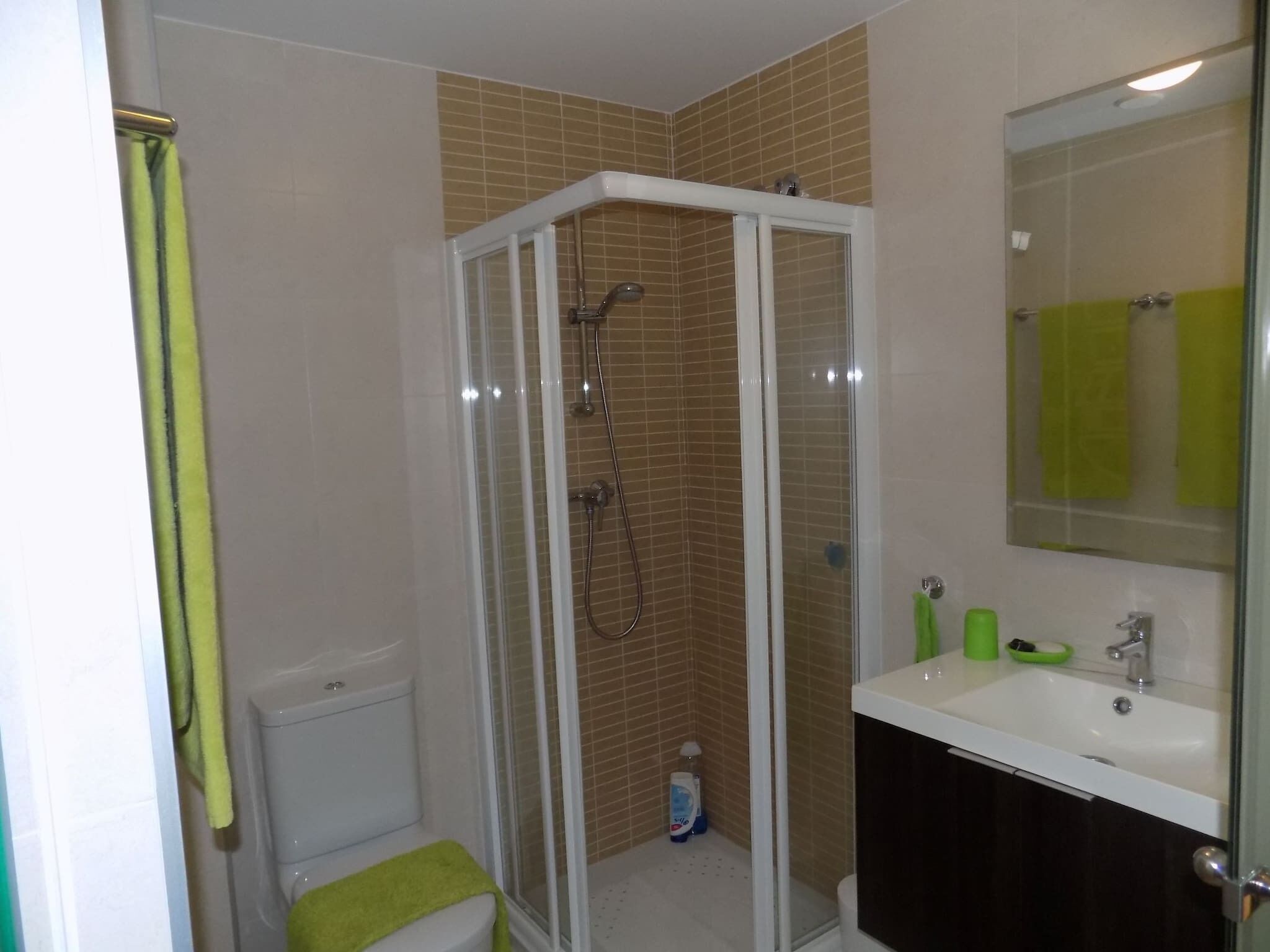 A bathroom with a glass-enclosed shower, a white sink, and a mirror.