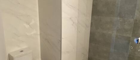 A modern bathroom with a toilet, a shower enclosure, and a glass shower door.