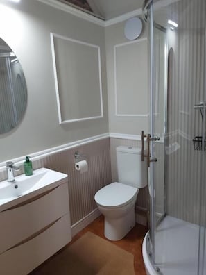Shower, hair dryer, towels, soap