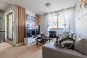 A modern living room with a sofa, TV, and a fireplace. - Perle de Strasbourg - Bel appt pour 4 avec balcon (Strasbourg)