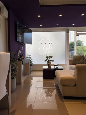 A modern living room with a flat-screen TV, a sofa, a coffee table with a bonsai, and a large window.
