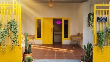 A yellow gate with a neon sign, a cactus plant, and a door with a neon sign.