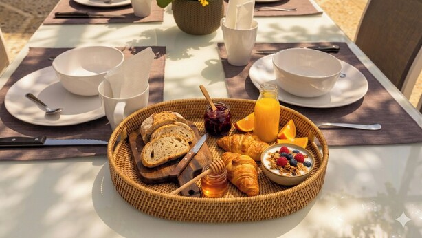 En morgenmadsopstilling med brød, croissanter, bær, honning og appelsinjuice på et bord.