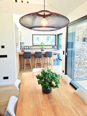 Ein stilvoller Essbereich mit einem Holztisch, vier Stühlen, einem Blumentopf und einer großen Hängelampe.