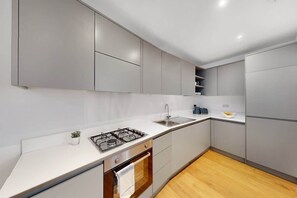 Eine moderne Küche mit Gaskochfeld, Spüle und Einbau-Schränken.