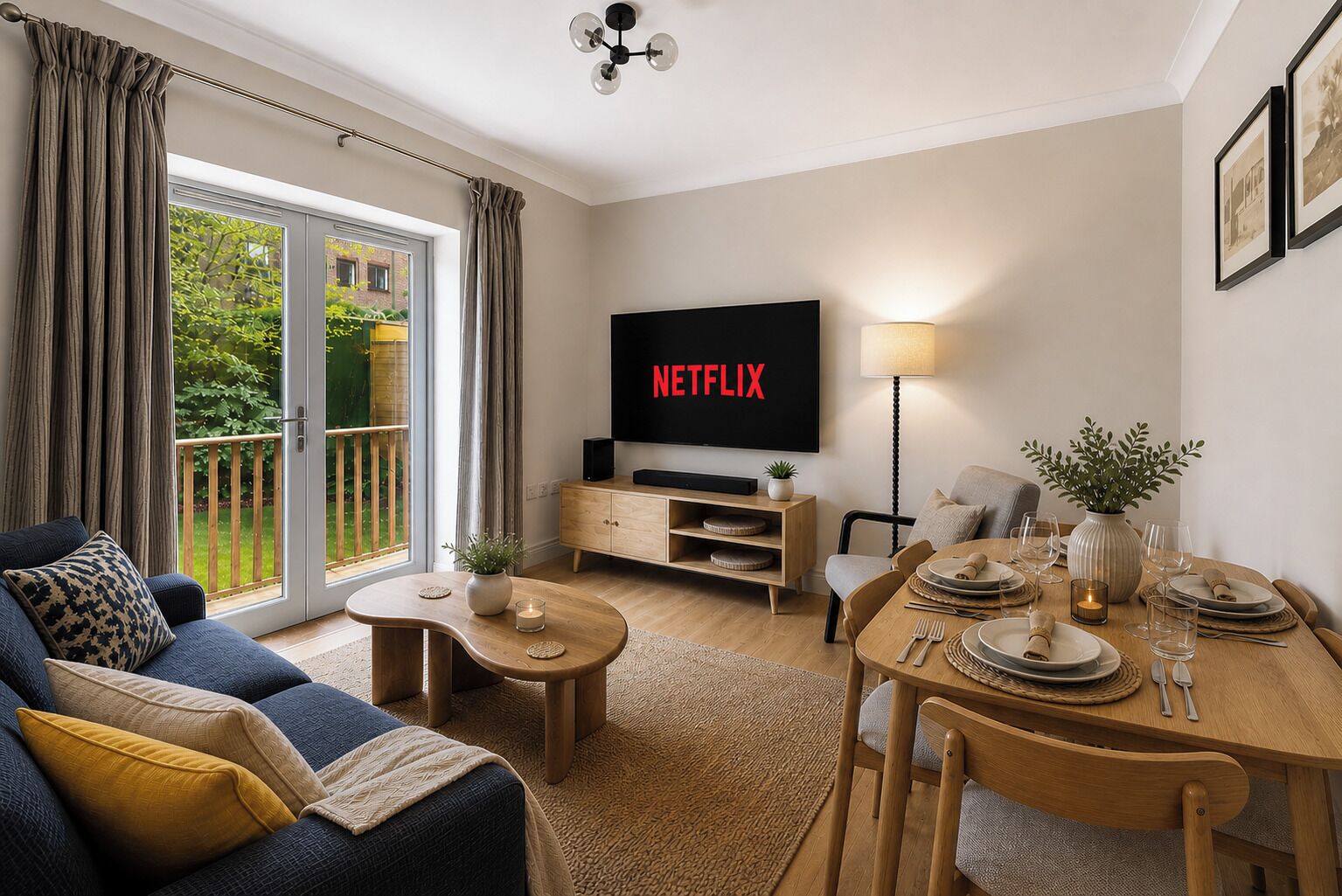 Una sala de estar moderna con una televisión de pantalla plana, una mesa de comedor preparada para cuatro personas, un sofá y un balcón con cortinas.