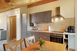 A modern kitchen with grey cabinets, a microwave, a stove, and a coffee maker. - Apartment 'Für 3 Personen 47 M²' with Sea View, Balcony and Wi-Fi (Egling)
