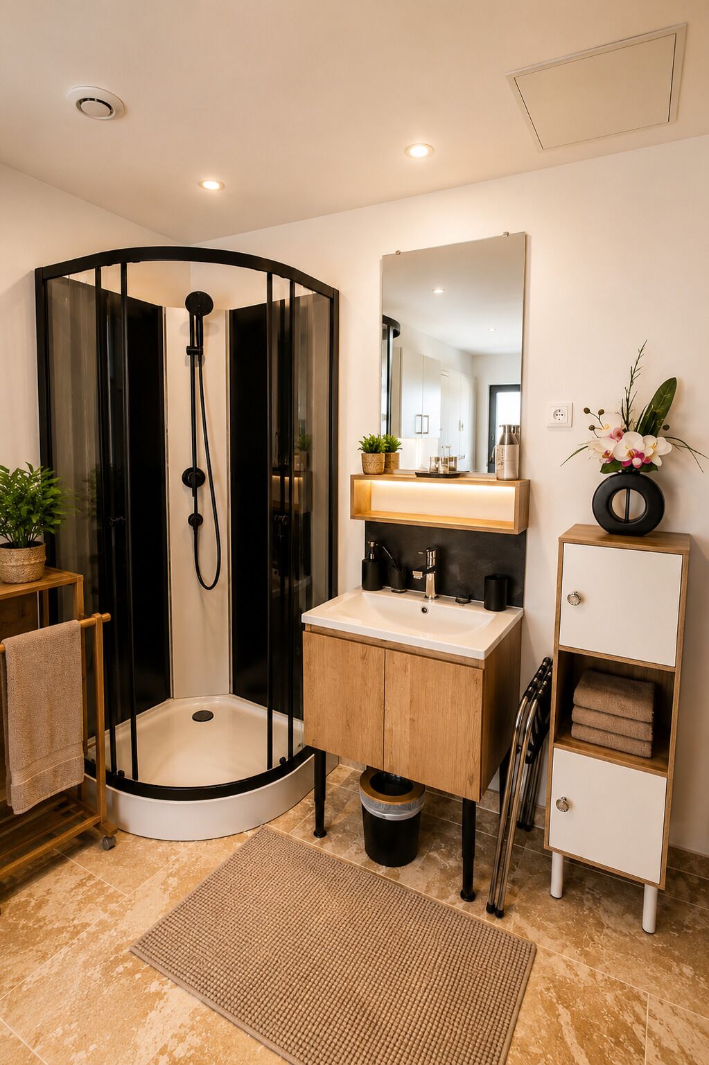 A modern bathroom with a glass-enclosed shower, a wooden vanity, and a mirror above the sink.
