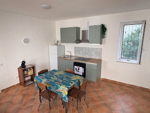 Coffee/tea maker, fridge, oven, stovetop