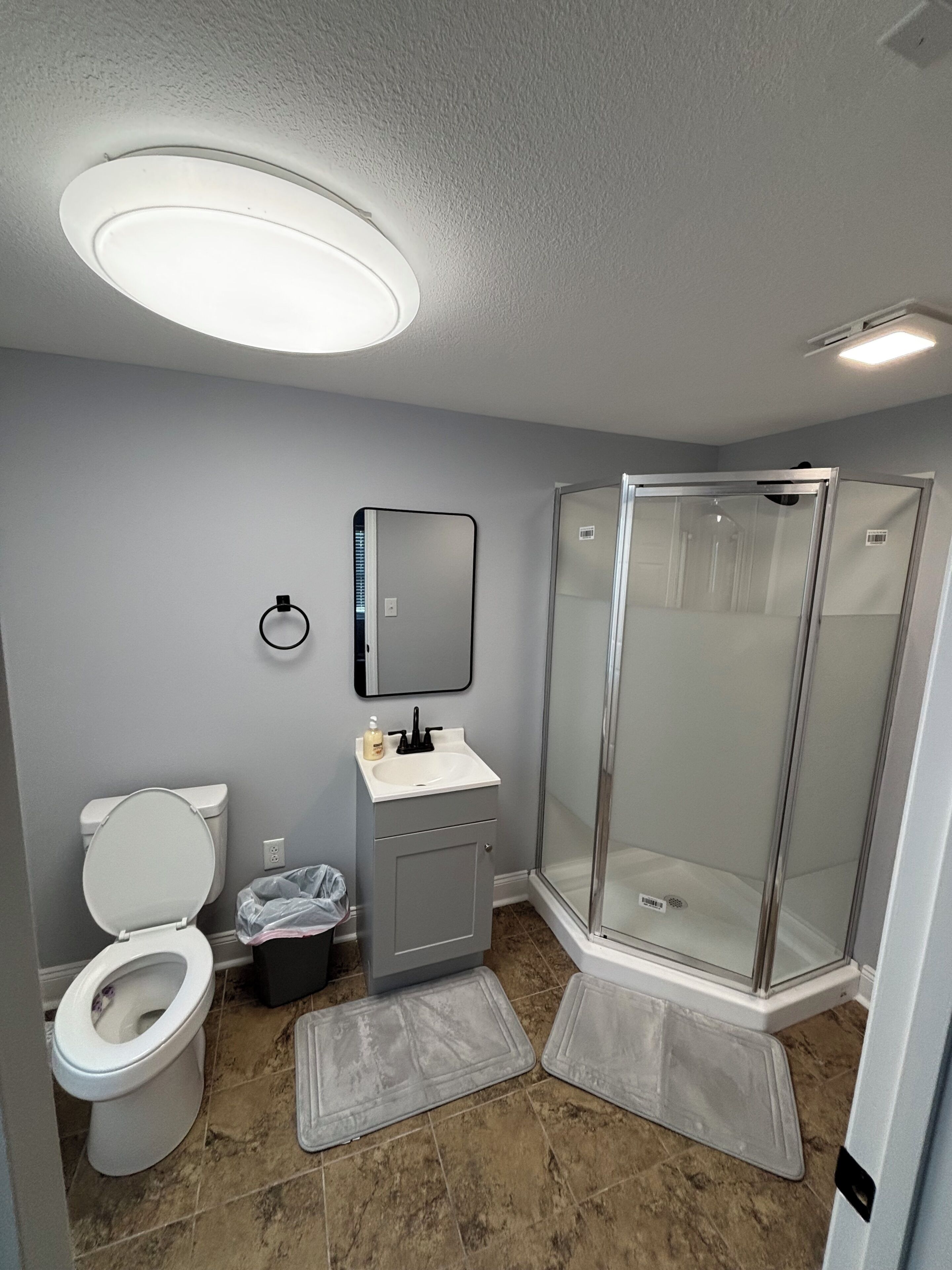 A bathroom with a toilet, sink, mirror, and glass shower enclosure.