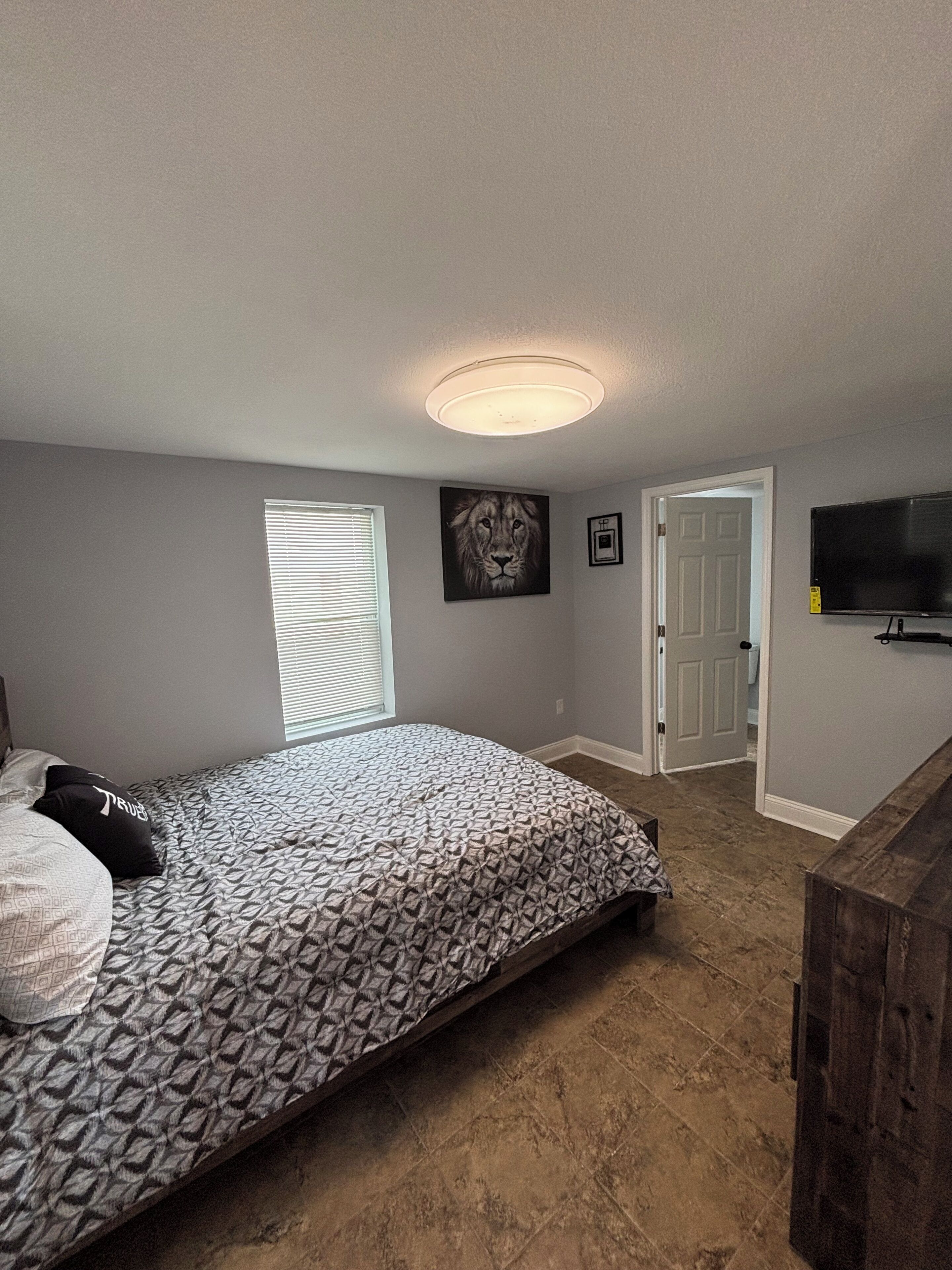 Una camera da letto con un letto, una lampada a soffitto, una porta e un televisore.