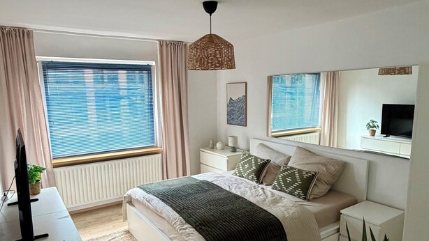 Ein modernes Schlafzimmer mit einem großen Bett, Nachttischen, einem Fernseher und einer Topfpflanze.