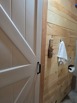 A wooden wall with a towel hanging on a hook, a toilet paper roll, and a blue object on the wall.