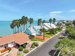Zona residencial costera con casas, palmeras y vista despejada al océano.