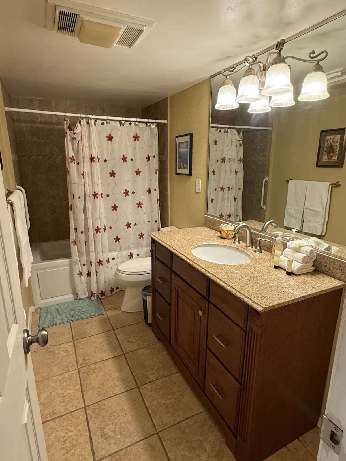 Shower, hair dryer, towels, shampoo
