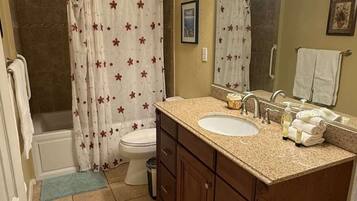 Shower, hair dryer, towels, shampoo