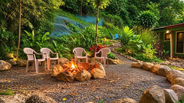 Feuerstelle mit Steinen und Plastikstühlen in einem Garten.
