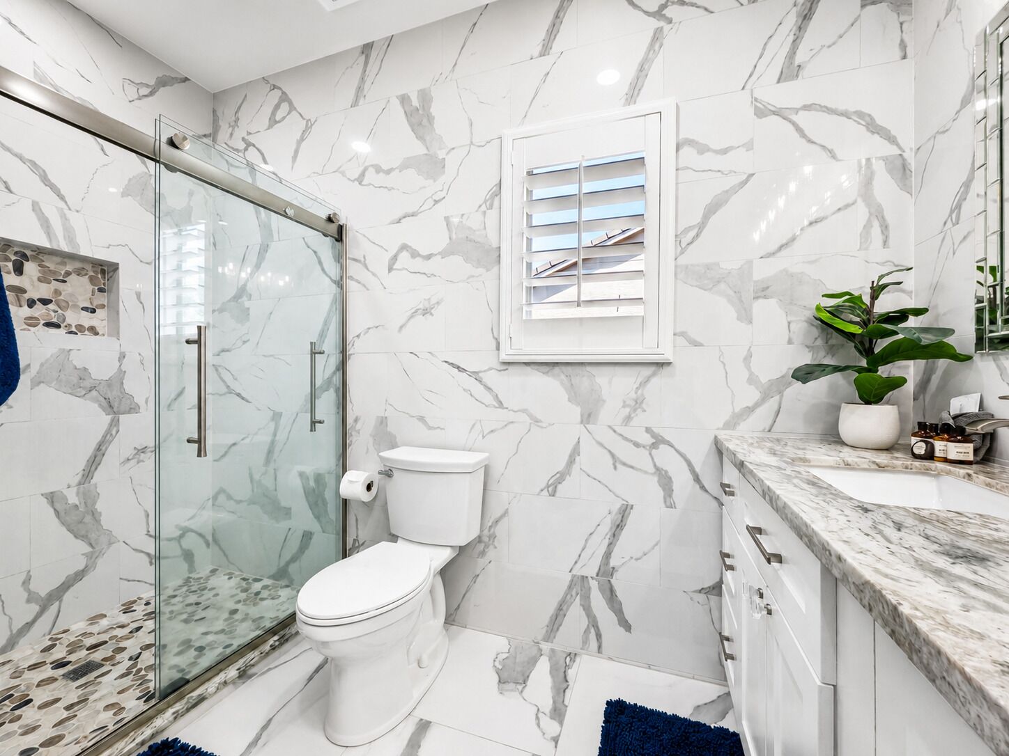 A modern bathroom with a glass shower enclosure, a toilet, a sink with a marble countertop, and a potted plant.
