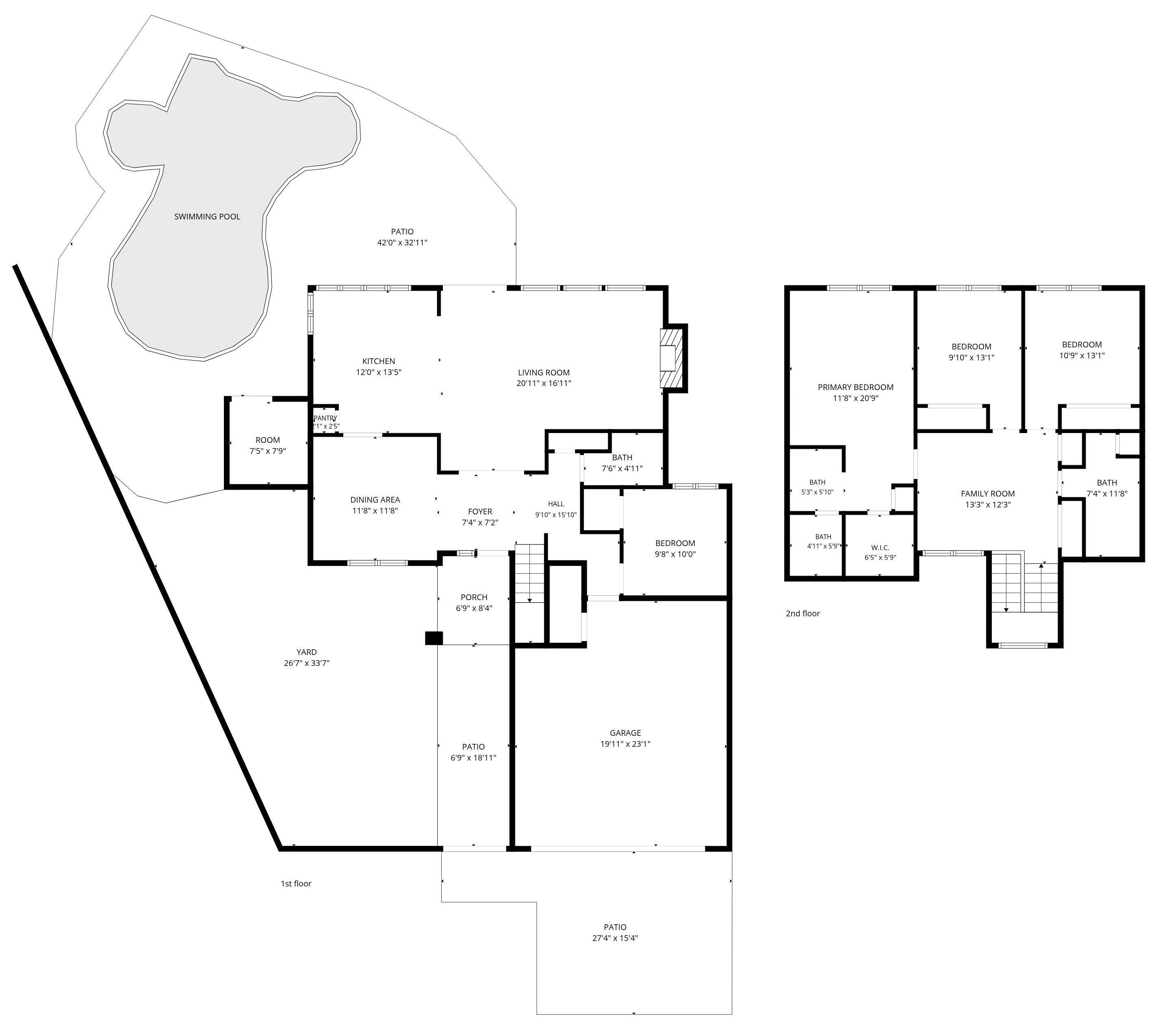 A floor plan with a swimming pool, patio, kitchen, living room, dining area, foyer, hall, bedroom, bathroom, family room, porch, garage, and yard.
