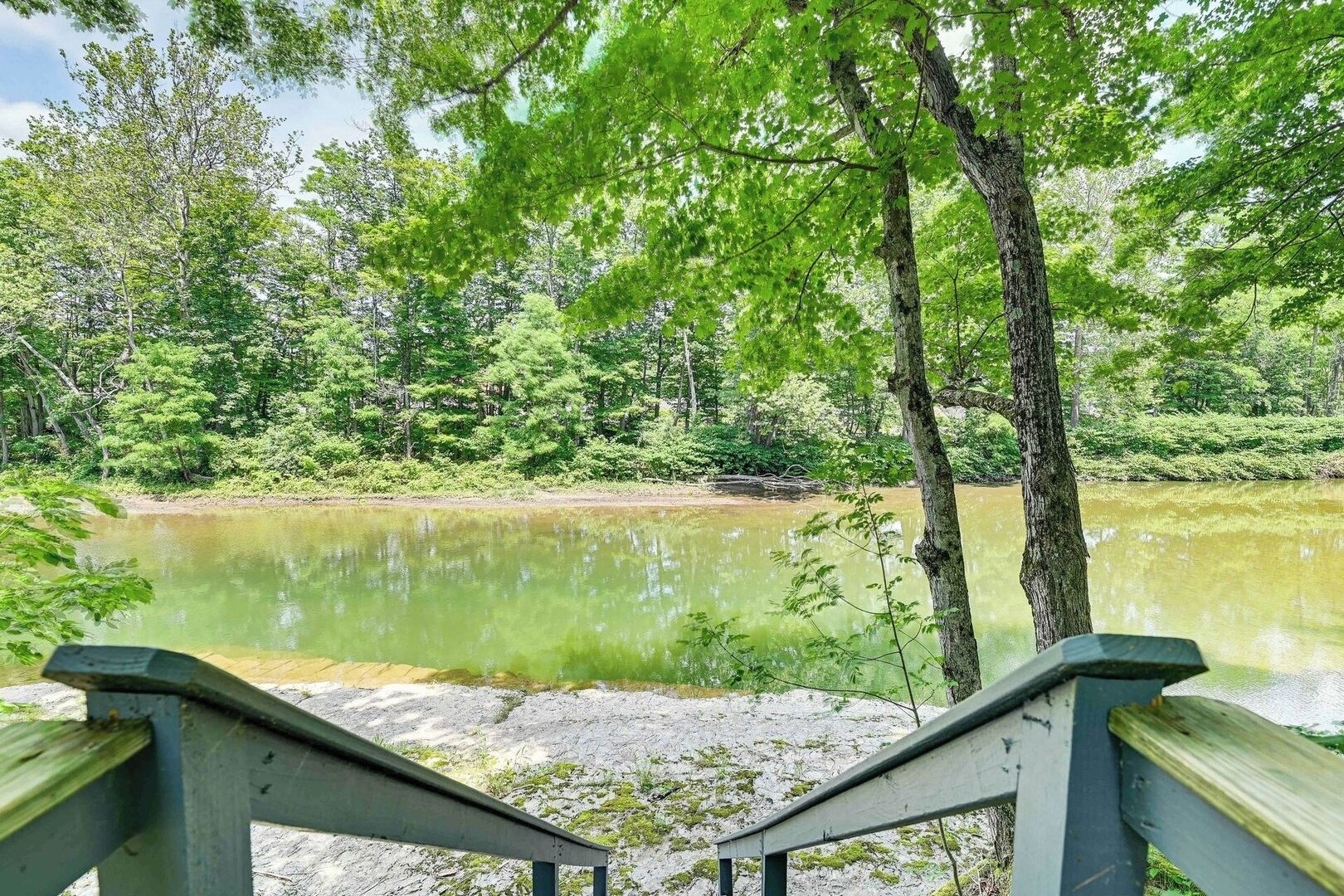 A wooden deck leading to a river with trees and greenery in the background.