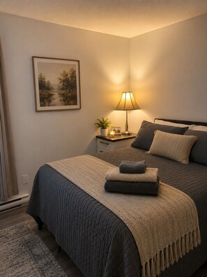 A bedroom with a bed, bedside table, lamp, and a framed picture on the wall. - 	
Quiet Executive Retreat | Balcony, Parking, Near Hospital & UdeM” (Moncton)