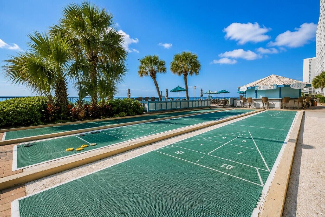 A shuffleboard court with a pool table, palm trees, and a building with a blue roof.