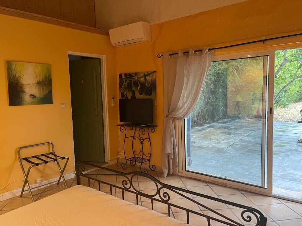 Een slaapkamer met een bed, een tv op een standaard, een schilderij en een schuifdeur naar een terras.