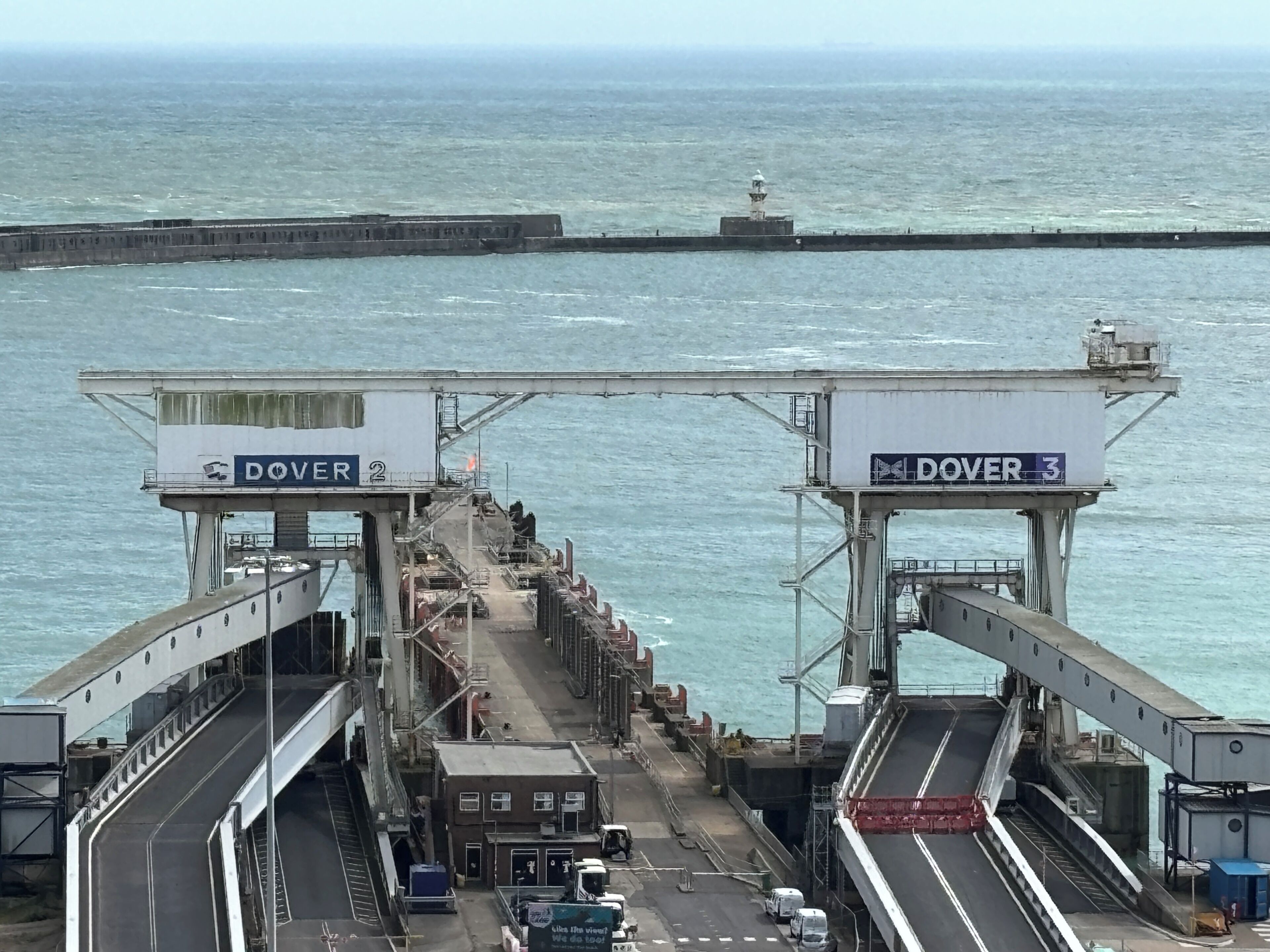 A ferry terminal with two docks labeled 'DOVER 2' and 'DOVER 3'.