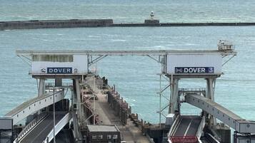 A ferry terminal with two docks labeled 'DOVER 2' and 'DOVER 3'.