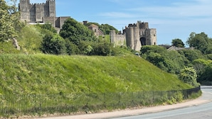 A historic stone castle with multiple towers and a flag, surrounded by lush greenery and a road with a fence in the foreground.