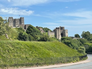 A historic stone castle with multiple towers and a flag, surrounded by lush greenery and a road with a fence in the foreground.