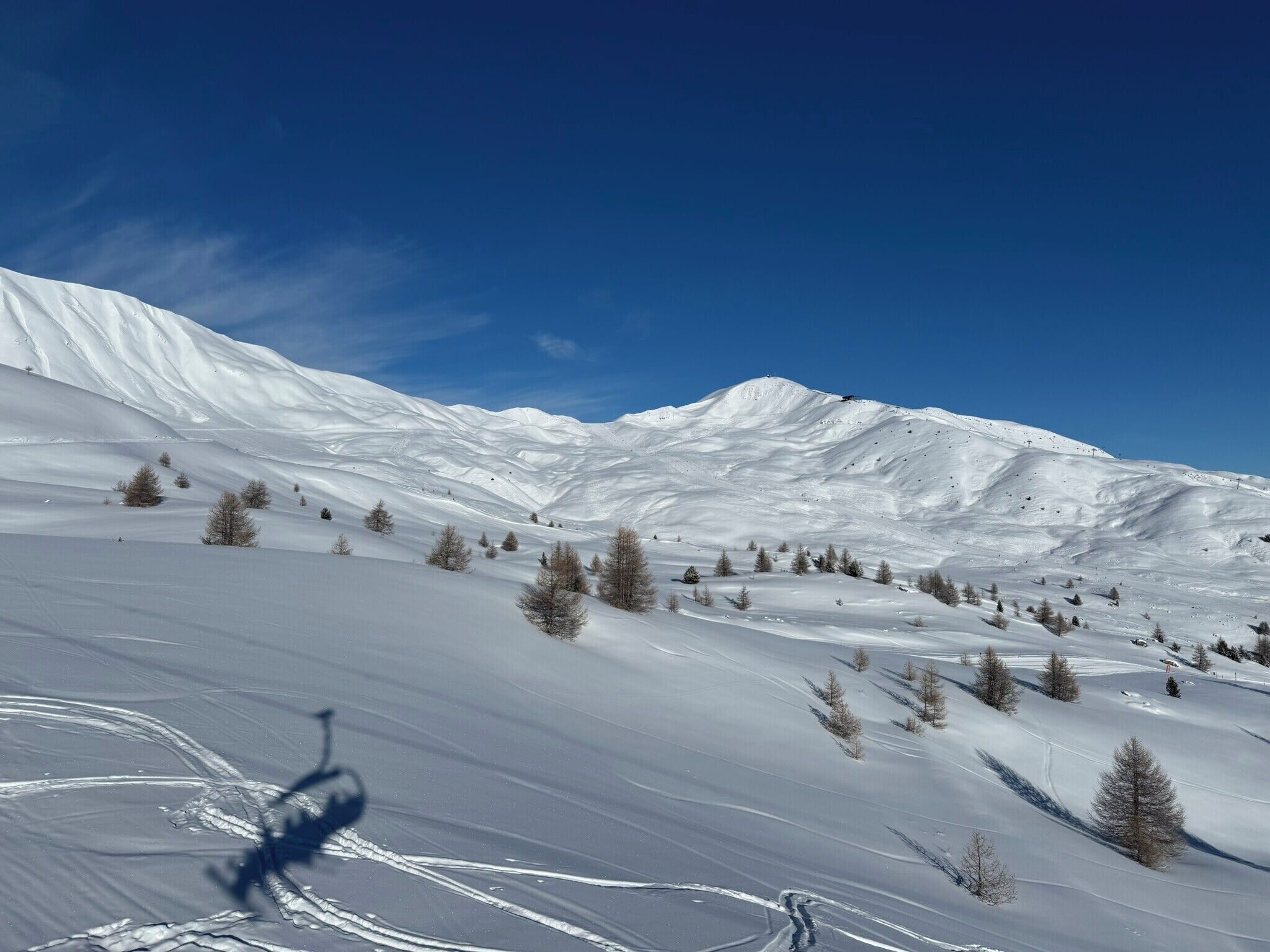 A snow-covered mountain landscape with ski tracks and sparse trees.