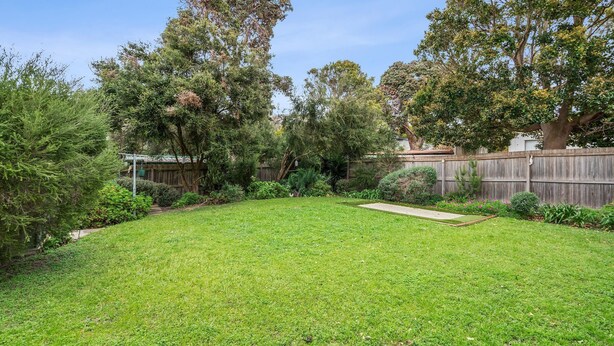 Un jardin avec une pelouse verdoyante, une clôture en bois et divers arbres.