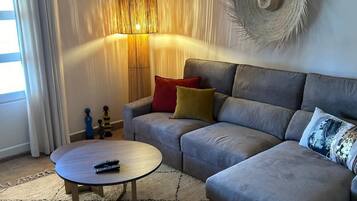 Deluxe Apartment, 1 Queen Bed, Terrace, Garden View | Living area | 55-inch TV with satellite channels