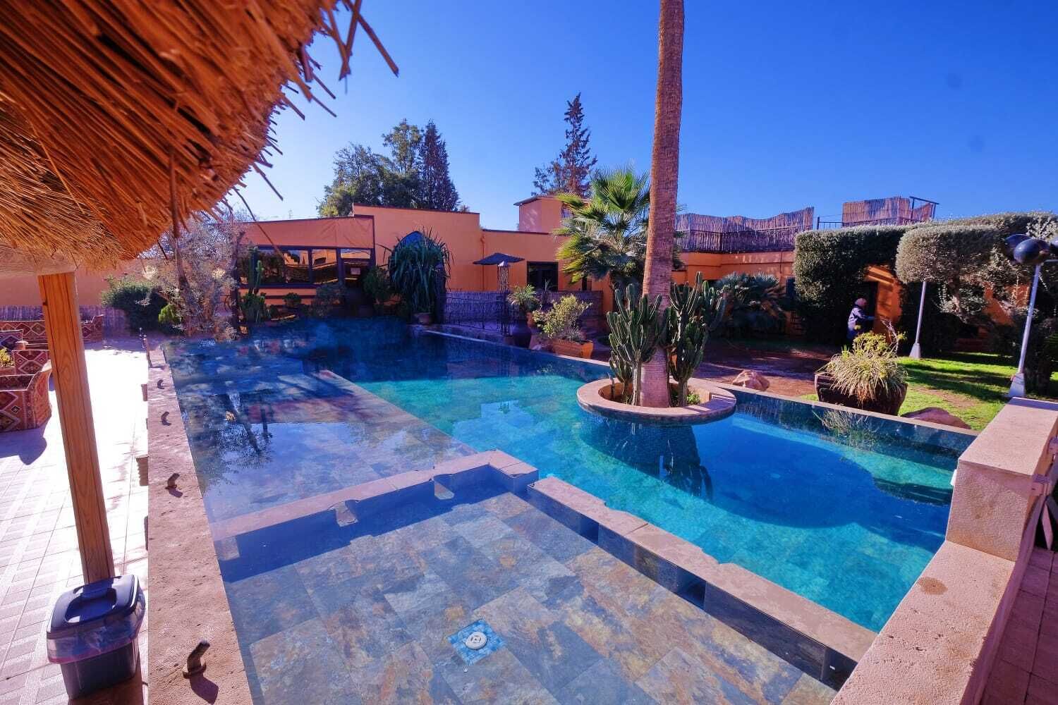 A swimming pool with a clear blue water feature, surrounded by a landscaped garden with palm trees and a thatched roof structure.