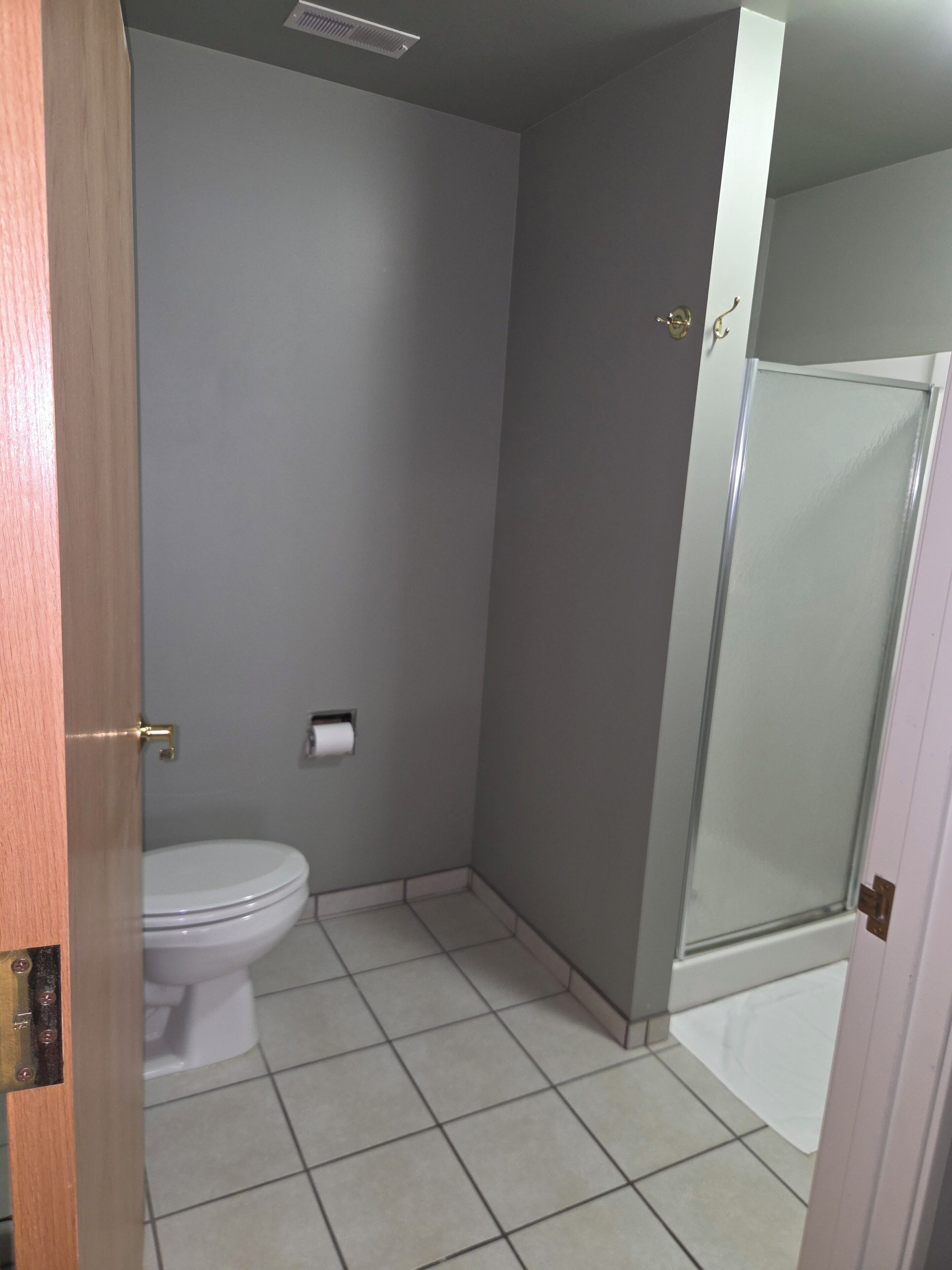 Shower, towels, soap, toilet paper