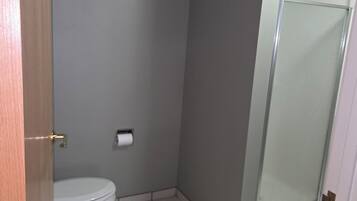 Shower, towels, soap, toilet paper