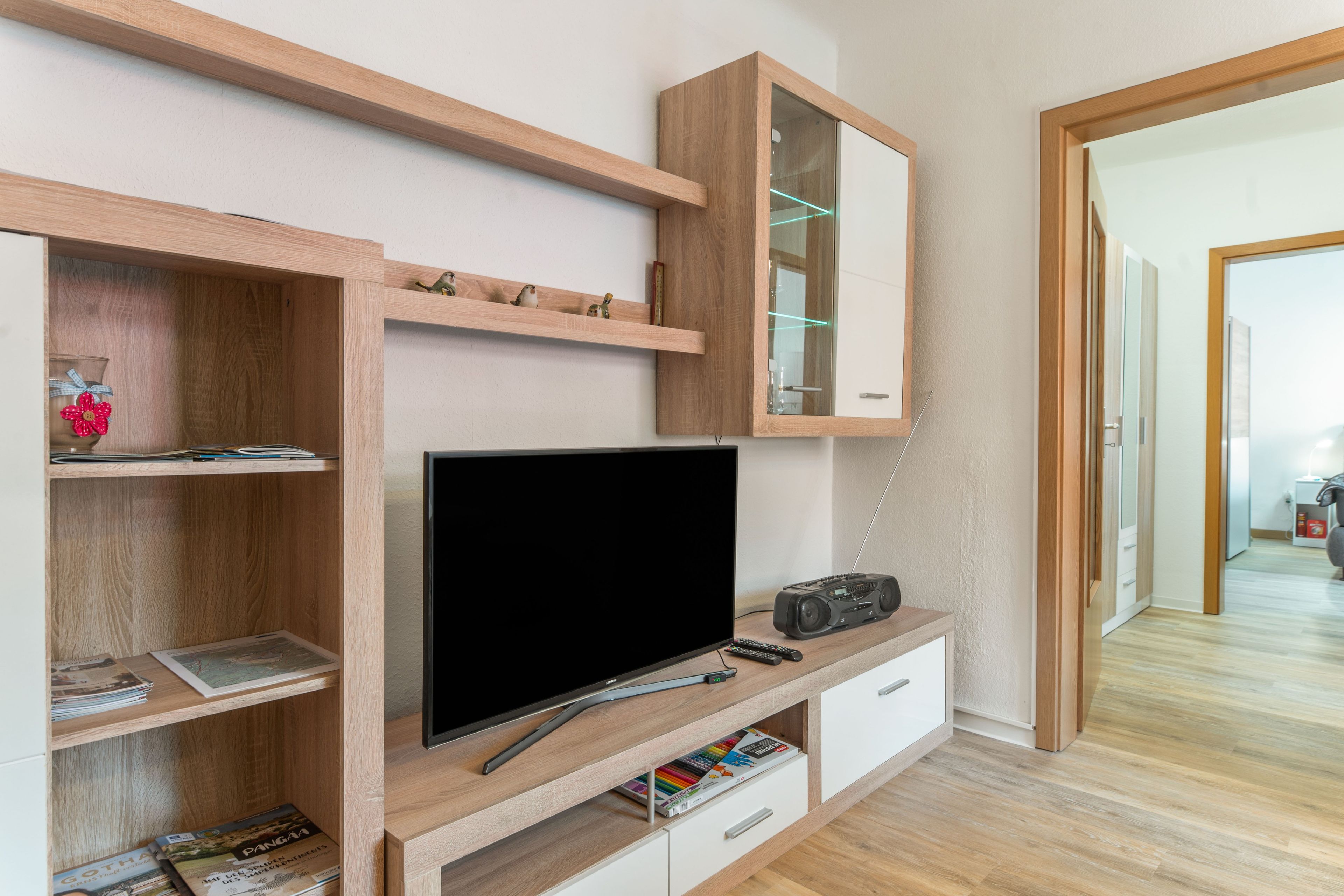 Un soggiorno moderno con una televisione a schermo piatto, scaffali in legno e una radio.