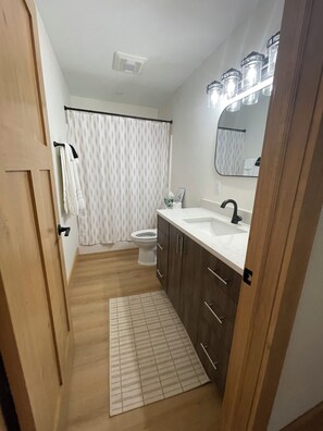 A bathroom with a toilet, sink, mirror, and light fixtures.